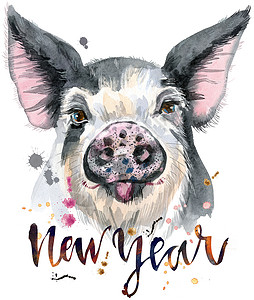 看着腊八粥的猪猪的水彩画像 上面刻着新年的字样动物伴侣绘画农场艺术黑色海报粉色草图朋友背景