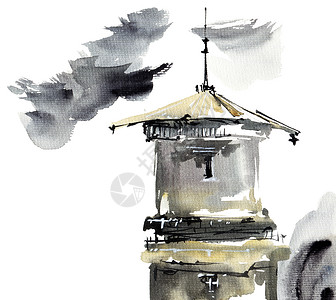 手绘钟楼塔楼水彩图文化钟楼房子草图旅行艺术插图建筑学白色刷子背景