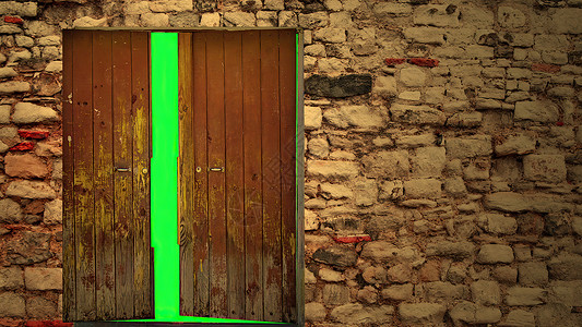 3d 插图  绿屏幕上的打开门古董寓言乡村魔法动画片开门童话童年绿色故事背景图片