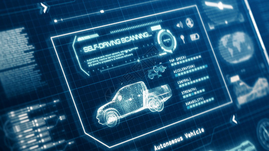 计算机屏幕像素显示面板背景上的 HUD 自动驾驶汽车皮卡汽车规格扫描测试用户界面 蓝色全息图全息科幻技术概念 3D 插图背景图片