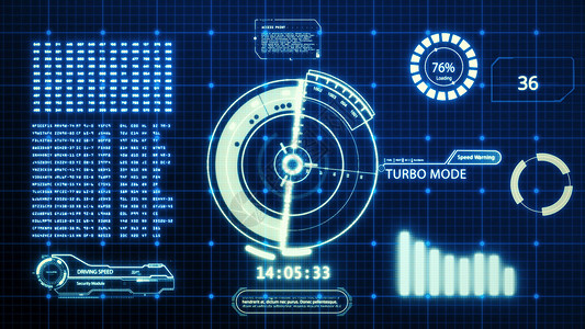 全息素材动图HUD 驾驶汽车速度用户界面计算机屏幕显示与像素背景 蓝色抽象数字转换全息图全息技术概念 科幻 4K 运动图形素材背景