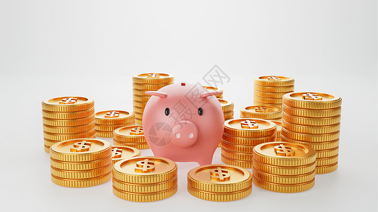 猪你成功立体字以孤立的白色背景为背景 带金硬币的猪银行 货币储蓄和商业经济投资概念 3D 插图背景