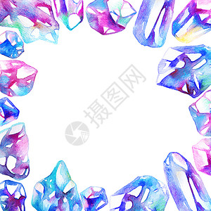 蓝色珠宝框架水彩钻石珠宝邀请函宝石艺术草图绘画玻璃水晶空白石头背景