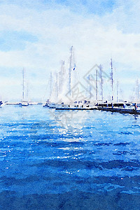 海上帆船水彩画水彩画印刷 夏季海上游艇艺术海洋帆布天空绘画水彩装饰艺术家风格海报背景