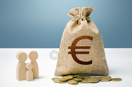 公民基本道德规范装有钱和家庭小雕像的欧元钱袋 对社会机构的财政支持 对人力资本 文化和社会项目的投资 为市民提供帮助背景