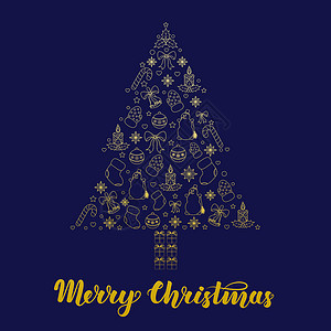 圣诞节主题海报背景抽象程式化的圣诞树与深蓝色背景上的金色轮廓 贺卡请柬礼品包装和其他主题产品的插图背景