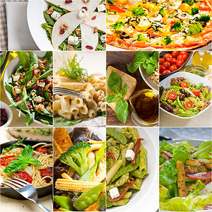 意大利食品拼贴画和意大利菜谱小吃香蒜叶子作品面条食物营养沙拉收藏盘子背景图片