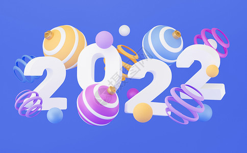 蓝色气泡气球2022 年新年横幅 3d 渲染 抽象彩色几何背景 五彩球 气球 原始形状 简约设计 圣诞快乐和新年快乐贺卡装饰品卡片作品问候语背景