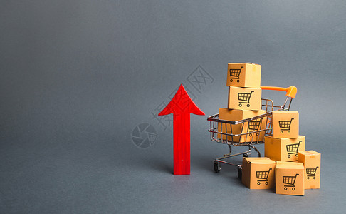 增加箭头带有纸板箱的购物车 带有交易车图案和红色向上箭头 增长批发和零售 消费者信心改善 经济增长 商品价格上涨 通货膨胀背景