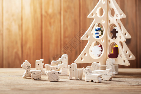 小圣诞树素材木制玩具动物活动工艺孩子们学习乡村回忆玩具手工玩物乐趣背景