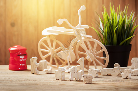 回忆中的自行车木制玩具动物积木静物幸福想像力乡村孩子木材回忆活动学习背景