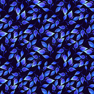 手绘蓝色花瓣手绘水彩蓝叶无缝花纹纺织品织物艺术品墙纸蓝色艺术海报花瓣绘画植物背景