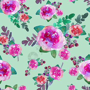 水彩花卉元素复古花卉无缝图案与月季花和叶子 无休止的纺织壁纸打印 手绘水彩元素 美容花束 粉红色 蓝色背景上的绿色背景