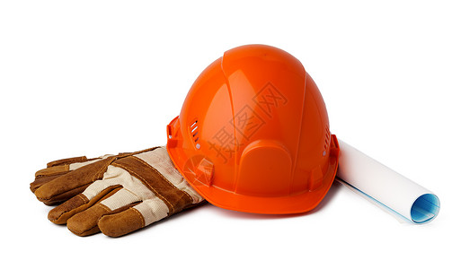 白色手套在白色背景上隔离的安全硬盔和工作手套劳动承包商警告塑料工业织物工具工作室照片防护背景