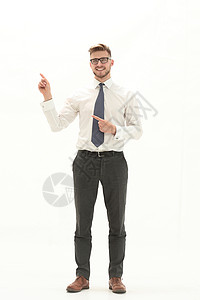微笑的商务人士对白空间指手指尖成就领带展示愿望经理套装眼镜手势男人男性背景