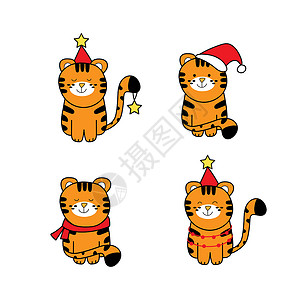 哈咪猫新年快乐一套圣诞装扮中的可爱老虎 - 收集白色的矢量背景