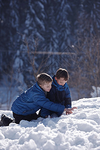 儿童玩新鲜雪孩子们朋友们森林团体微笑喜悦孩子兄弟快乐童年图片