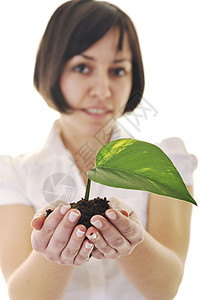 绿色愿景植物土壤女士微笑概念种子生态叶子商业培育图片
