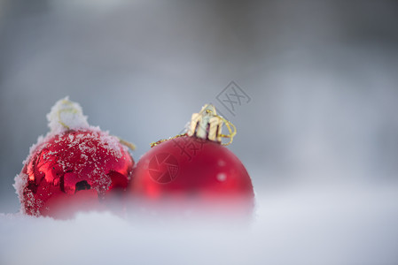 清雪中的红圣诞节球雪花小玩意儿假期派对季节玩具玻璃阴影装饰品庆典背景图片
