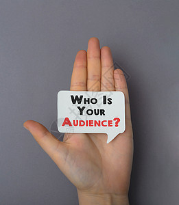 灰色背景的女性手持一张卡片 上面有“谁是你的观众”的文字 销售和商业概念民意调查高清图片素材
