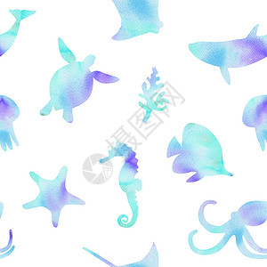 紫色可爱章鱼水彩蓝色水下动物和鱼类剪影在白色背景上的无缝图案 用于织物 婴儿纺织品 剪贴簿 包装 墙纸印刷背景