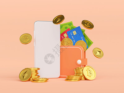 智能手机加密货币钱包应用程序 3d 插图背景图片
