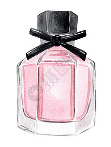 手绘香水彩色粉红色的香水玻璃瓶 黑色弓 白底隔离在白色背景上背景