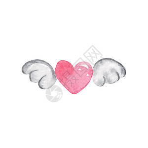 手绘天使白背景的翅膀被孤立的粉红色心脏 情人节的爱情标志背景