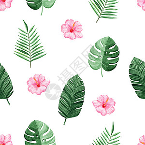 手绘植物龟背竹水彩粉色芙蓉花和绿色热带棕榈叶在白色背景上的无缝图案 用于织物 纺织品 品牌 邀请函 剪贴簿 包装背景