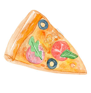 发酵手绘奶酪水彩手绘制的比萨饼片与奶酪橄榄和番茄隔离在白色背景 与意大利辣香肠的意大利食物背景