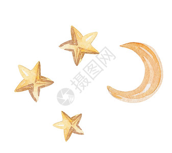 手绘星星装饰夜空中的黄月和星星 在白色背景上被分离出来背景