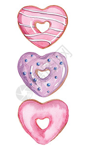 水彩粉色甜甜圈水彩手绘心形粉红色甜甜圈设置隔离在白色背景背景