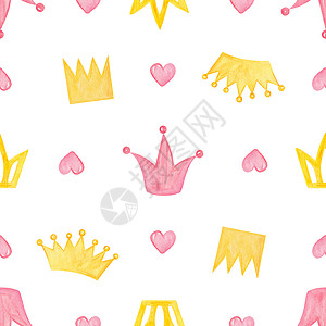 公主与王子白色背景上的水彩冠和红心无缝图案 公主为织物打印背景