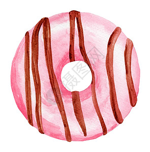 水彩粉色甜甜圈粉红甜甜甜圈 带有巧克力图纸 白底面与水隔绝背景