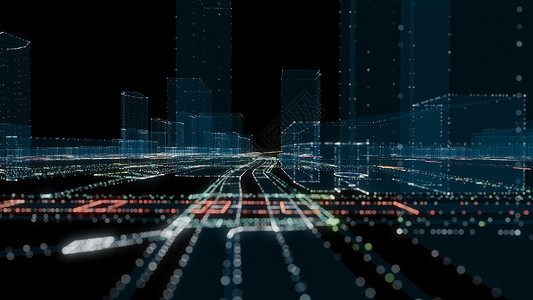 未来的智能数字城市 智能城市和技术商业概念 三高科技网络全息建筑辉光展示摩天大楼3d界面交通背景图片