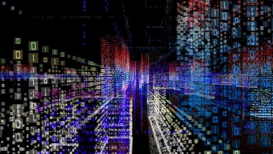 科技粒子数字带有数字建筑的3D城市抽象全息图数据互联网科技建筑物技术电脑交通3d渲染矩阵背景