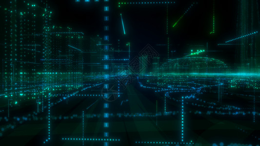数字动画未来的智能数字城市 智能城市和技术商业概念 三景观科幻流量展示建筑界面粒子3d网格全景背景