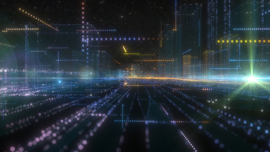 未来的智能数字城市 智能城市和技术商业概念 三高科技代码辉光科幻建筑学全景蓝色流量界面数据背景图片