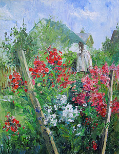 油画花园乡村花园的稻草人 油画背景