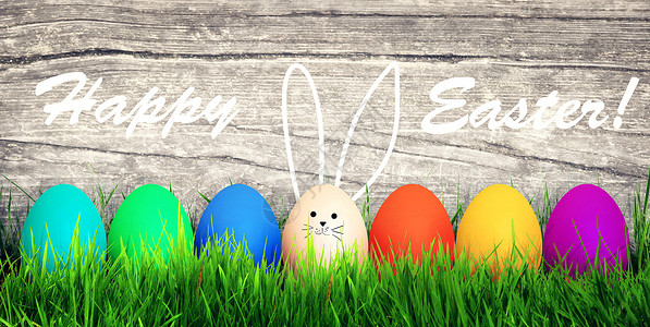 复活节背景 木头背景上有丰富多彩的东方鸡蛋兔子野兔乐趣传统草地季节礼物童年宠物假期花高清图片素材