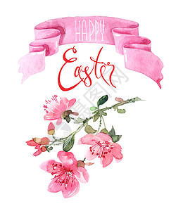 复活节贺卡快乐横幅艺术水彩问候手绘红色刻字植物群粉色绘画背景图片