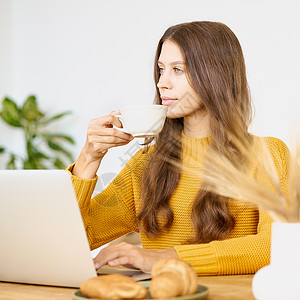 年轻女性喜欢早上喝咖啡 在网吧内地的笔记本电脑上检查邮件图片