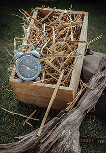 小木钟木箱里的稻草背景上的闹钟钟小时干草塑料木头礼物静物蓝色草垛手表木材背景