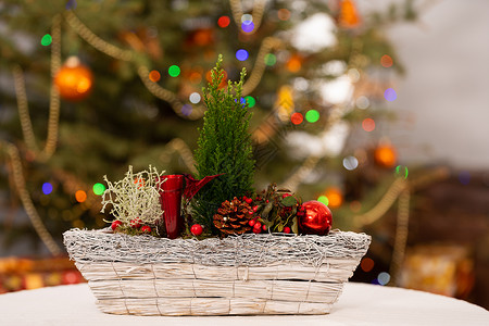 圣诞节图附近立着一根圣诞芦苇 象征着即将到来的圣诞节 背景是一个模糊的背景 有一棵圣诞树和圣诞灯传统收藏篮子风格居家芦苇装饰壁炉庆典云杉背景