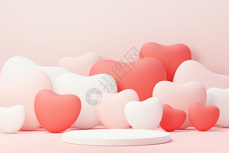 红色主题婚礼3d 渲染最小的甜蜜场景 展示台用于模拟和产品品牌展示 粉色基座代表情人节的主题 可爱可爱的心背景 喜欢day的设计风格正方形讲背景