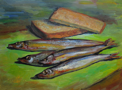原始油油画仍保留着生命绘画 面包 鱼高清图片