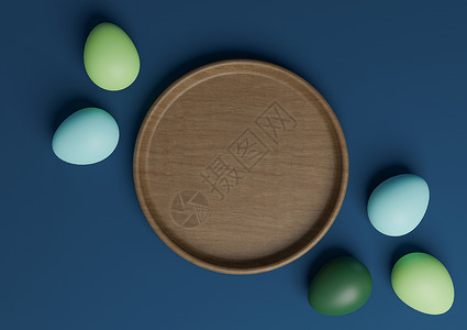 黑色 深蓝色水蓝色 3D 向顶视图 平板非固定产品展示台或与彩色复活节鸡蛋和木碟站在一起背景图片