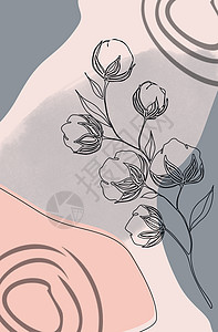 手绘海棠花枝手工绘制开花的棉花花枝连续不断的线条草图背景