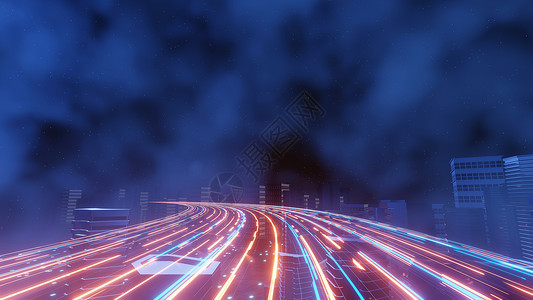 网络朋克之夜城市景观概念的 3d 渲染 灯光在黑暗的场景中发光 夜生活 5g 的技术网络 超越科幻首都城市和建筑场景的一代和未来背景图片
