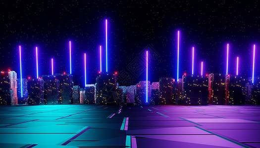 霓虹灯和光线在黑暗场景中发光的 3d 渲染 赛博朋克夜城概念 夜生活 5g 的技术网络 超越一代和未来派场景 科幻图案主题拱廊展背景图片